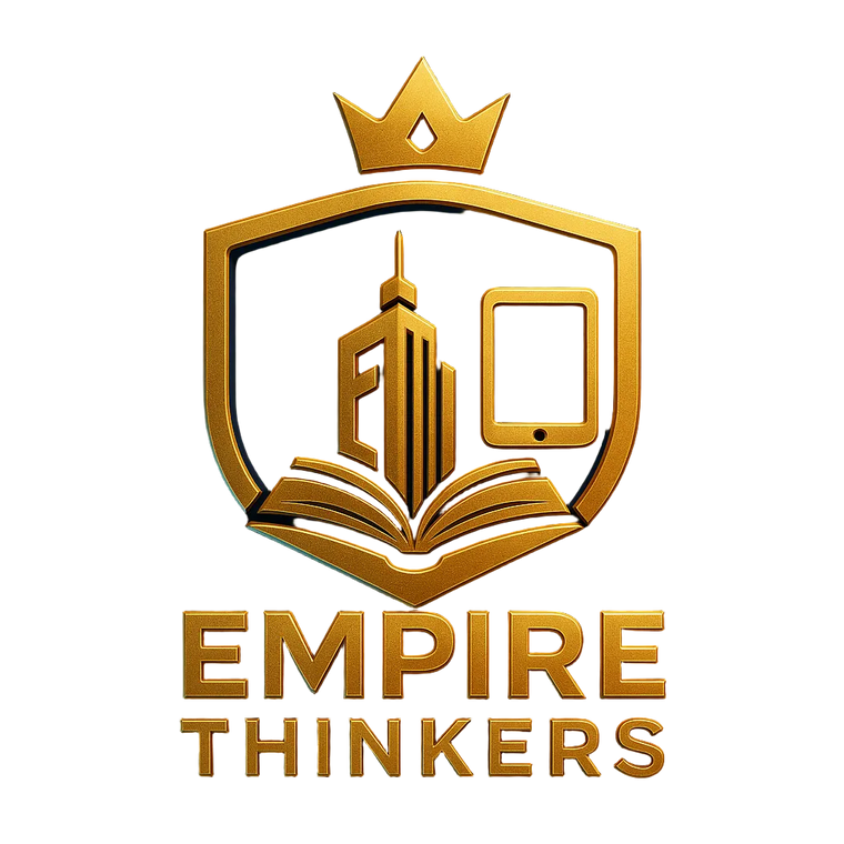 Gold logo of 'Empire Thinkers' with a shield, book, and tower on a black background