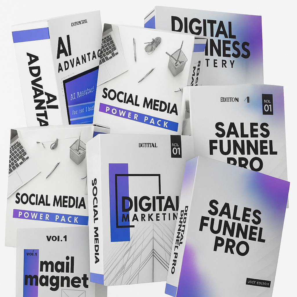 Collection of digital marketing books with titles like 'Digital Fitness', 'Sales Funnel Pro', and 'Social Media Power Pack' on a white background.