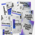 Collection of digital marketing books with titles like 'Digital Fitness', 'Sales Funnel Pro', and 'Social Media Power Pack' on a white background.