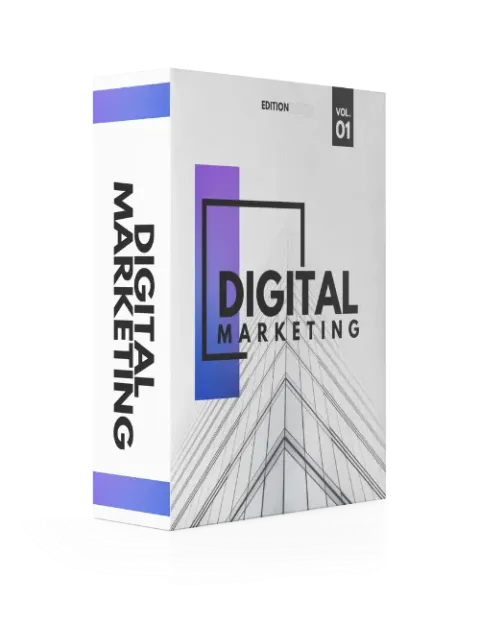 Digital Marketing book or course box with branding elements on a white background