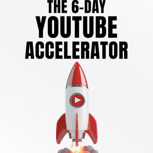 Promotional graphic for 'The 6-Day YouTube Accelerator' email course with a rocket ship and play button on a white background.