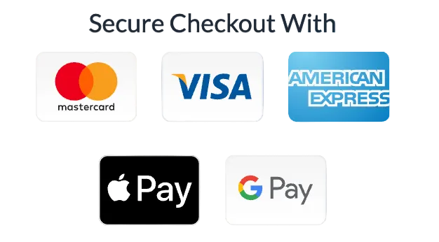 Logos of Mastercard, Visa, American Express, Apple Pay, and Google Pay on a white background.