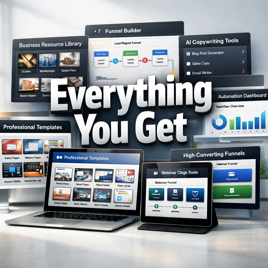 Promotional graphic of various digital tools and software with text 'Everything You Get' on a blurred background.
