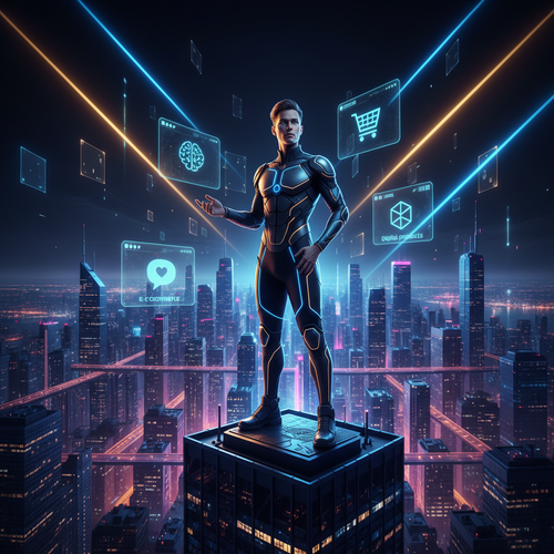 A bold, futuristic digital entrepreneur standing on a glowing rooftop overlooking a neon-lit city of opportunity. Floating holographic UI panels display icons for AI, e-commerce, social media, and digital products. Electric blue and gold light beams slice through a dark charcoal background. Funky modern typography shapes float subtly in the air. Cinematic lighting, ultra-sharp focus, premium tech aesthetic, confident and inspiring mood. Professional, eye-catching, high contrast, no clutter, no text.

Size 1