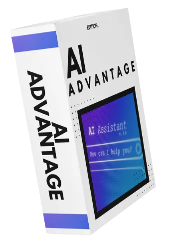 Product packaging for 'AI Advantage' with a digital assistant interface on a white background