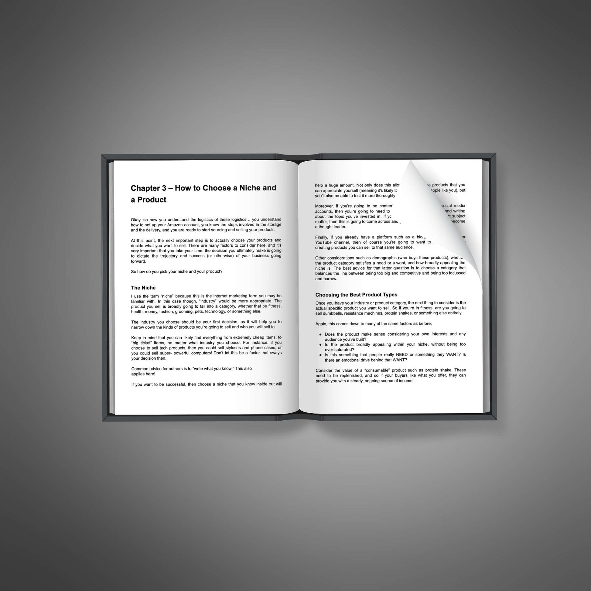 Open book showing Chapter 3 titled ‘How to Choose a Niche and a Product’ with detailed guidance on selecting profitable product types for an Amazon FBA business.