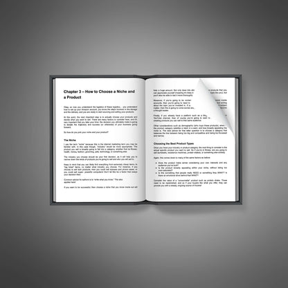 Open book showing Chapter 3 titled ‘How to Choose a Niche and a Product’ with detailed guidance on selecting profitable product types for an Amazon FBA business.
