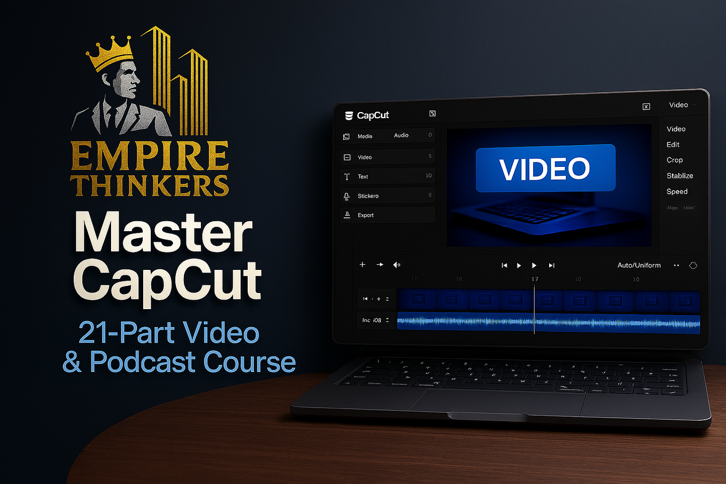 Empire Thinkers Master CapCut course – 21-part video and podcast training featuring CapCut software interface displayed on a laptop.