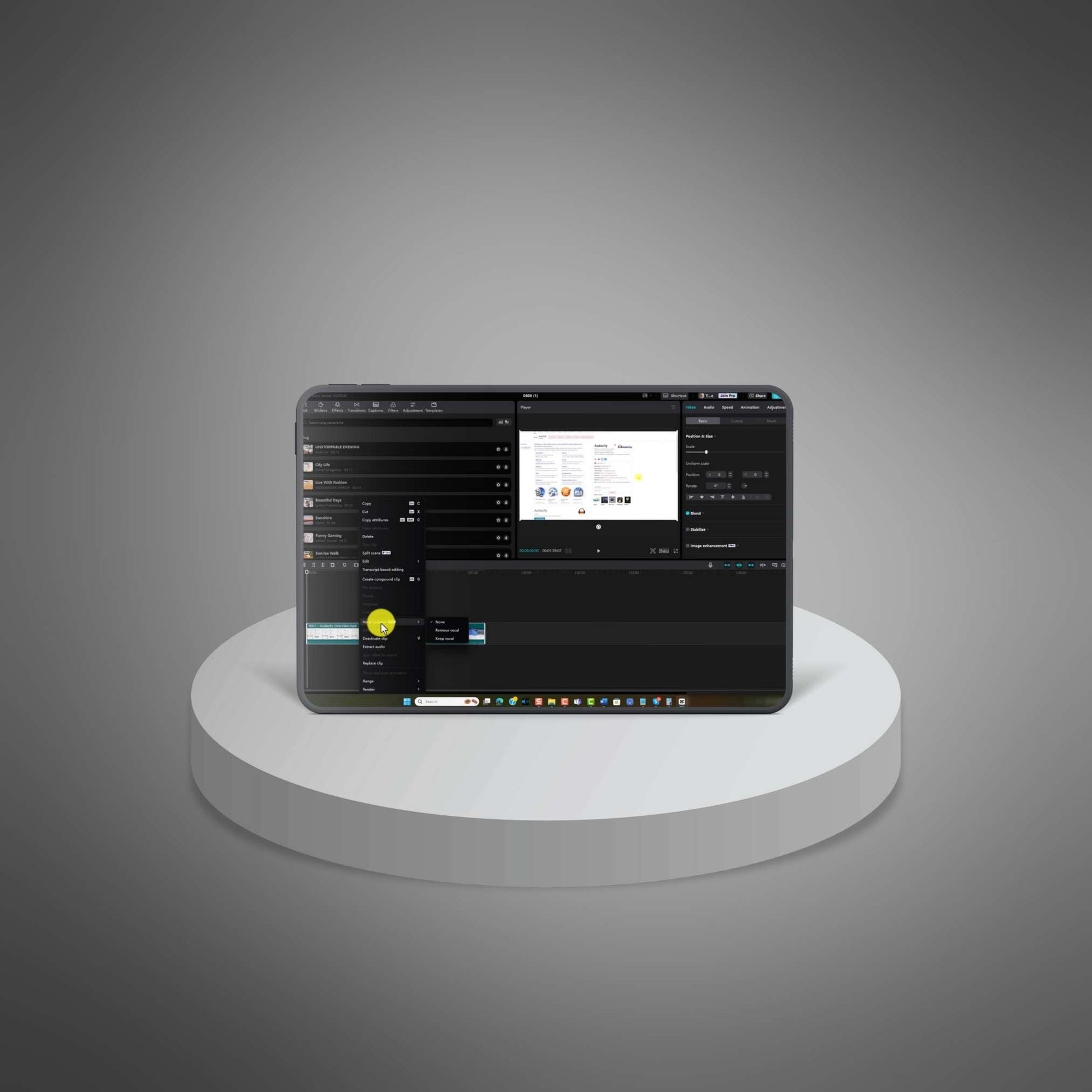 Empire Thinkers Master CapCut course – 21-part video and podcast training featuring CapCut software interface displayed on a laptop.