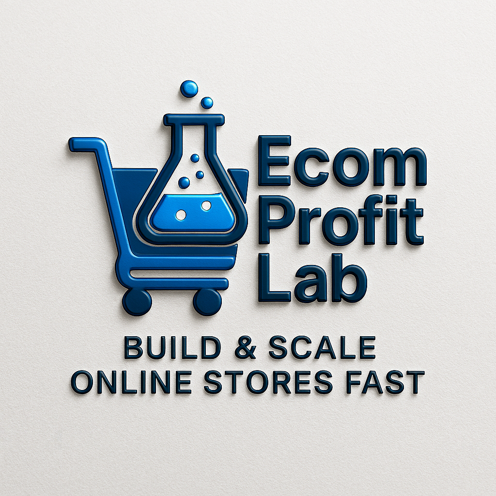 Logo of Ecom Profit Lab with a shopping cart and beaker design on a light gray background.