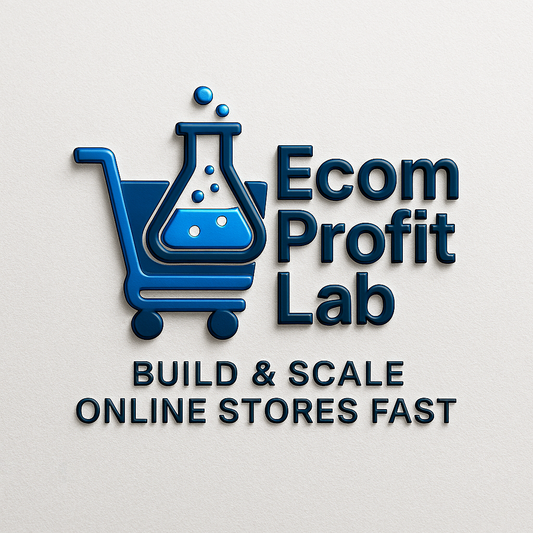 Logo of Ecom Profit Lab with a shopping cart and beaker design on a light gray background.