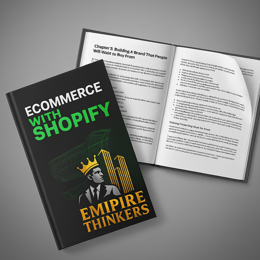 Ecommerce with Shopify book by Empire Thinkers alongside an open page showing detailed strategies for building a brand and boosting online sales.