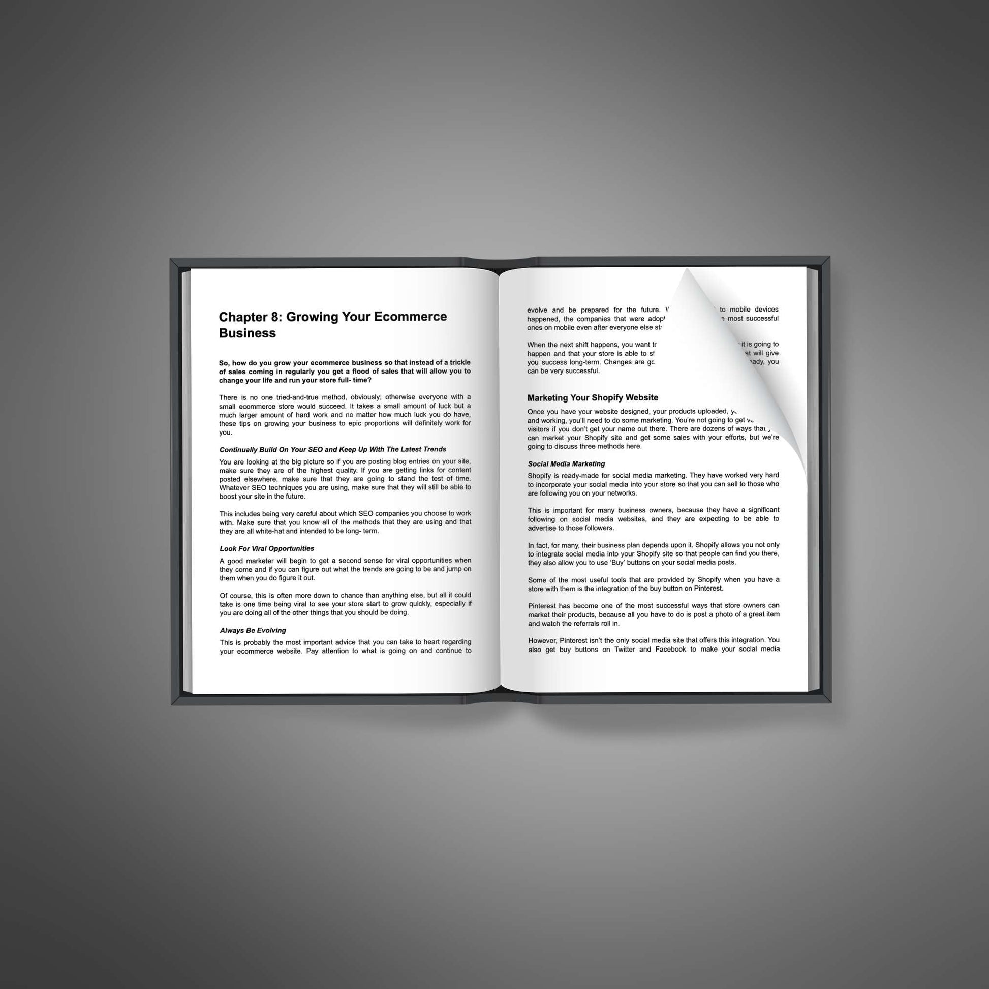 Open book showing Chapter 8 titled ‘Growing Your Ecommerce Business’ with detailed strategies for scaling and marketing an online store.
