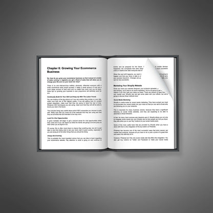 Open book showing Chapter 8 titled ‘Growing Your Ecommerce Business’ with detailed strategies for scaling and marketing an online store.