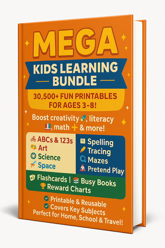 Mega Kids Learning Bundle book – 30,500+ printable activities for ages 3–8 covering ABCs, math, science, spelling, tracing, and more.