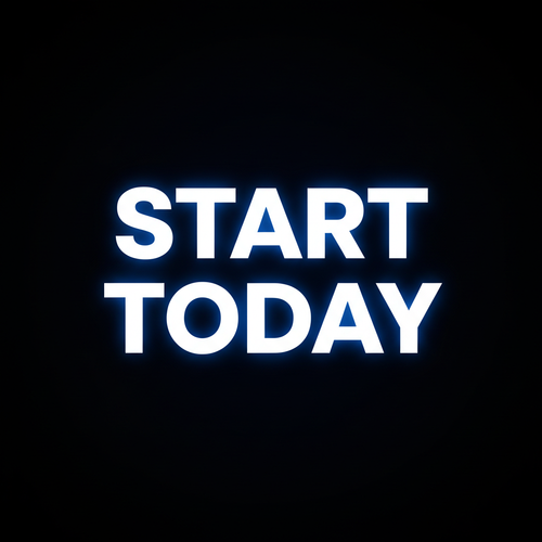 Minimalist text composition with the words “START TODAY” centered. Ultra-bold modern font, tight kerning. White letters with electric blue glow against deep dark background. Slight light bloom for energy. Professional, punchy, conversion-focused. Words only.

Size1024x1024