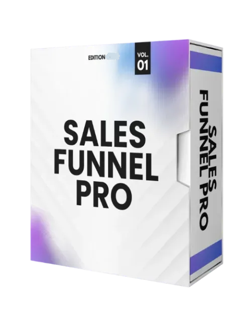 Sales Funnel Pro packaging with a white and purple gradient on a white background