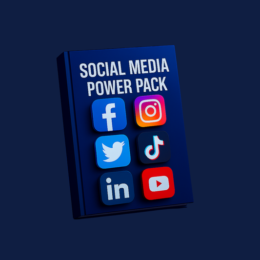 Social Media Power Pack book featuring icons for Facebook, Instagram, Twitter, TikTok, LinkedIn, and YouTube on a dark blue background.