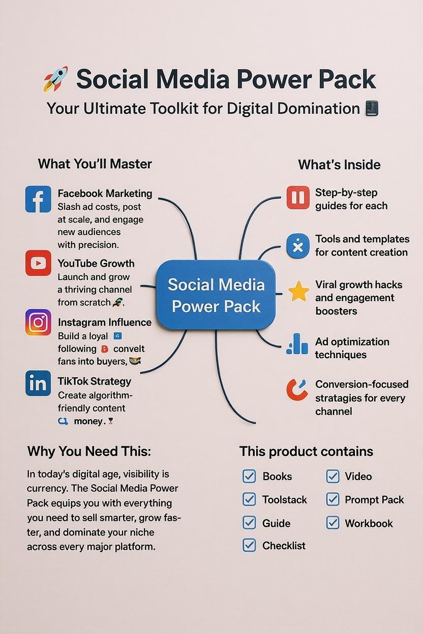 Social Media Power Pack promotional graphic detailing features like Facebook marketing, YouTube growth, Instagram influence, TikTok strategy, and included resources such as step-by-step guides, templates, viral growth hacks, and conversion-focused strategies.