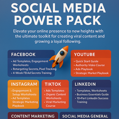 Social Media Power Pack promotional graphic highlighting tools and resources for Facebook, Instagram, TikTok, YouTube, and LinkedIn, including ad templates, engagement worksheets, and strategic playbooks