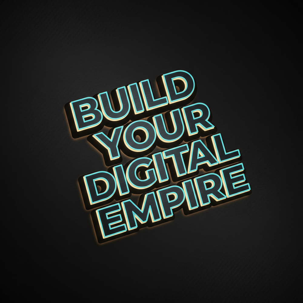 The phrase “BUILD YOUR DIGITAL EMPIRE” designed as stacked typography, heavy sans-serif font with futuristic spacing. Each word slightly offset for depth. Cyan highlights, soft gold rim-light, dark luxury background. Funky rhythm in layout, corporate-grade polish, high contrast, dramatic lighting. Text-only visual.

Size 1024x1024