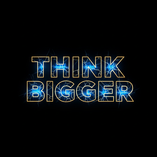 The words “THINK BIGGER” in oversized bold typography, cracked open with glowing light bursting from within the letters. Neon blue inner glow, subtle gold accents, matte black background. Funky, confident, powerful mood. Clean, premium, text-only, no graphics.

size 1024x1024