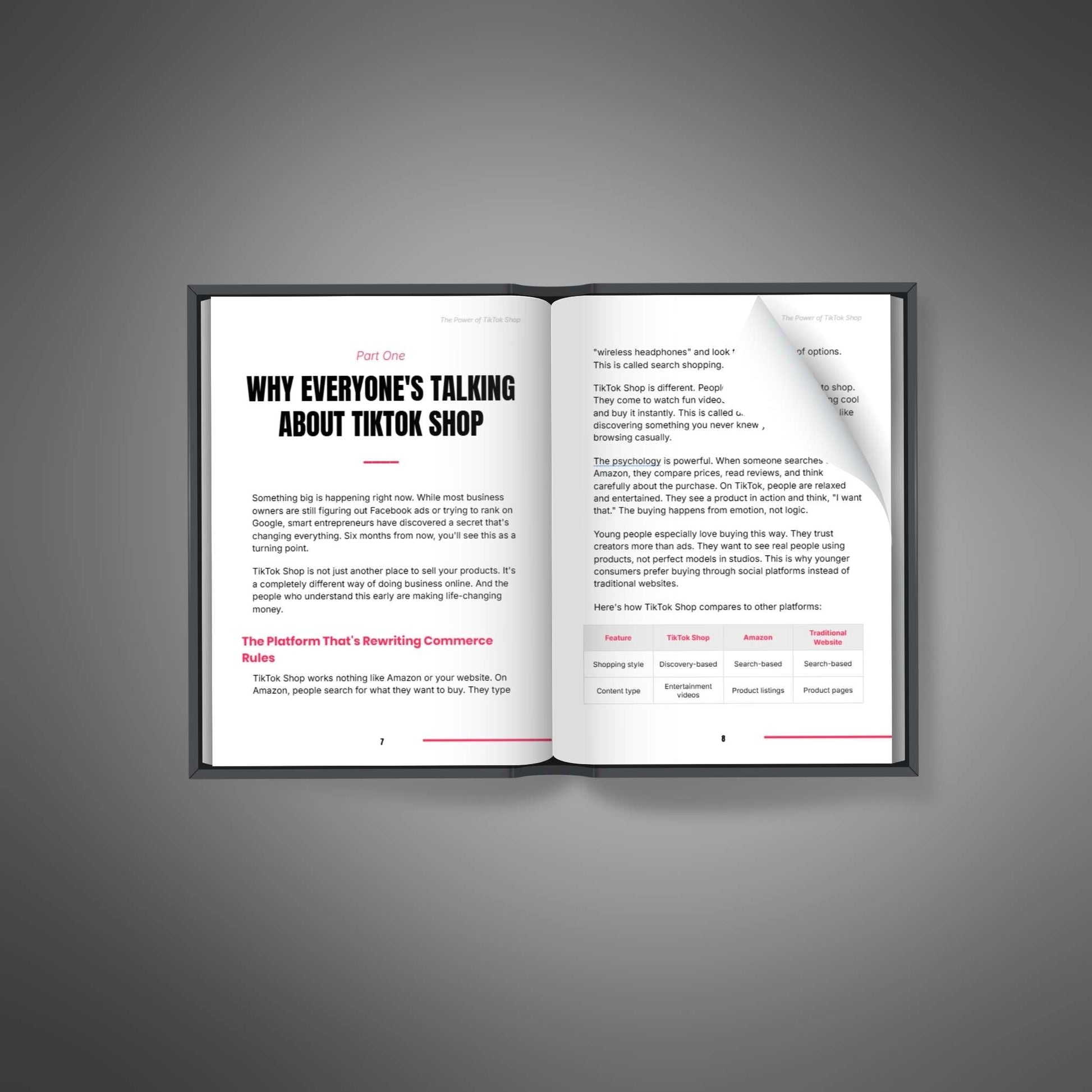 Open book with text on a gray background - Why everyone is talking about tiktok shop