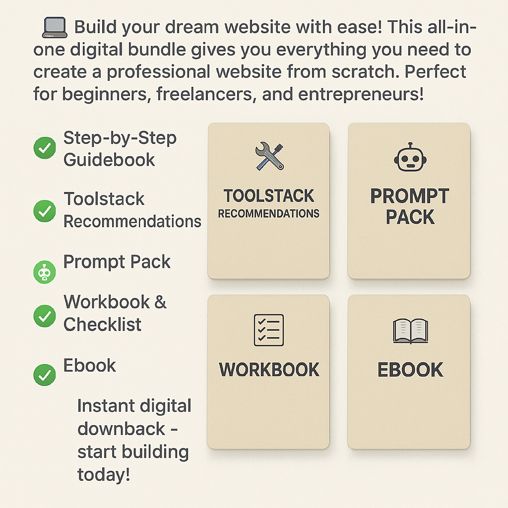 Digital bundle for building a professional website featuring toolstack recommendations, prompt pack, workbook, and ebook with step-by-step guide and checklist.